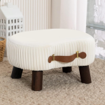 LUE BONA Taburete pequeño curvado con asa, reposapiés de terciopelo beige y otomanos, moderno reposapiés con patas de madera, taburete con asiento acolchado para sofá, sala de estar