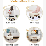 LUE BONA Taburete pequeño curvado con asa, reposapiés de terciopelo beige y otomanos, moderno reposapiés con patas de madera, taburete con asiento acolchado para sofá, sala de estar - Imagen 9