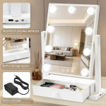 Espejo de tocador con luces con cajón, puerto de carga USB, espejo de maquillaje Hollywood con 9 bombillas regulables, 3 modos de iluminación de color, aumento 5X desmontable, control táctil inteligente