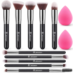 BEAKEY Juego de brochas de maquillaje, base profesional, corrector de sombra de ojos, aplicador bronceador en polvo, 2 esponjas de licuadora con estuche de papel de belleza